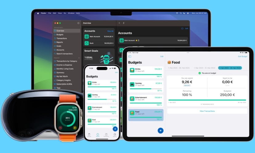 MoneyCoach ist auf jedem Apple-Gerät verfügbar. Synchronisiere deine Daten zwischen deinem iPhone, iPad, deiner Apple Watch, deinem HomePod und schließlich deinem Mac.