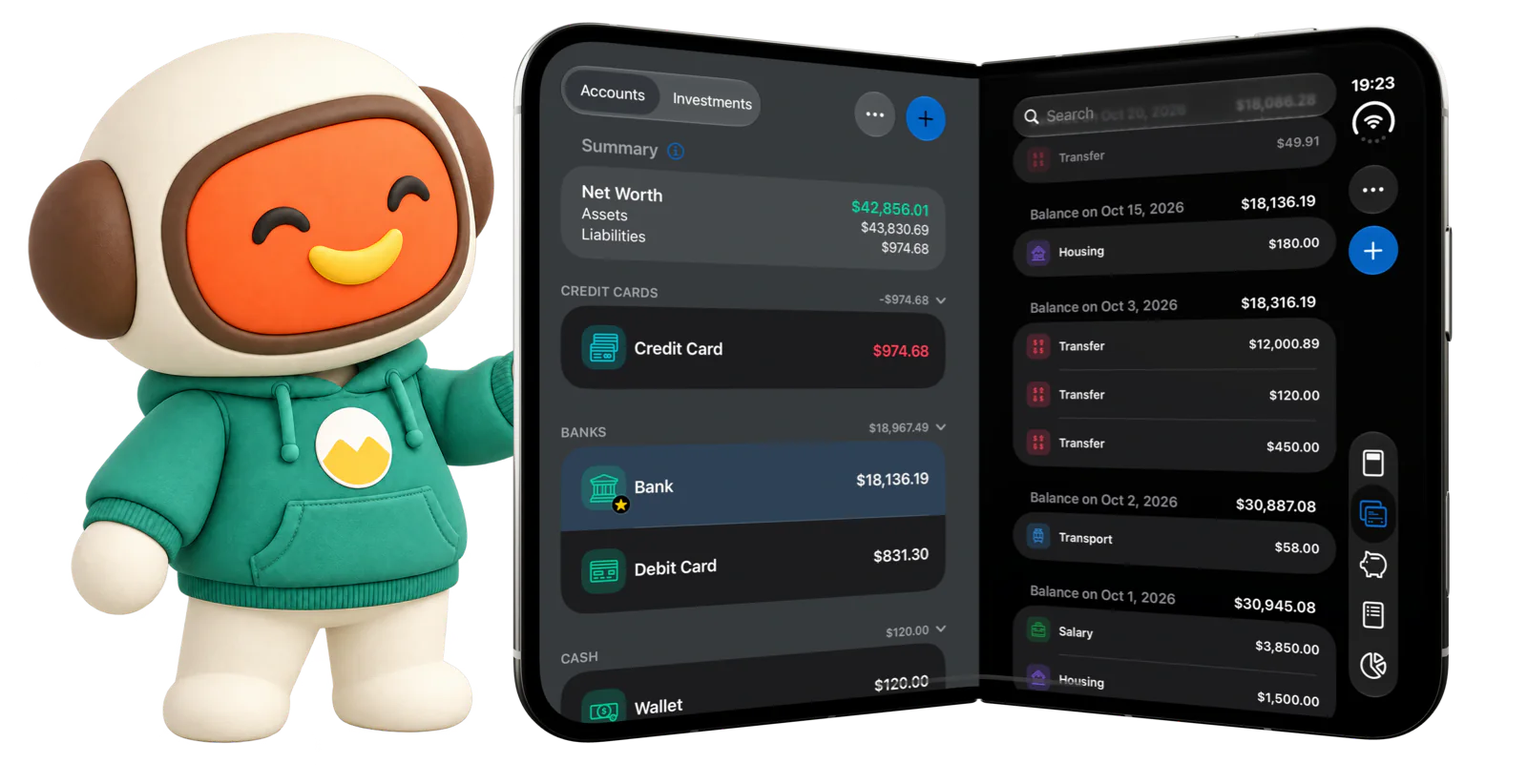 Moco looking at MoneyCoach Accounts on an open iPhone Duo with sample data